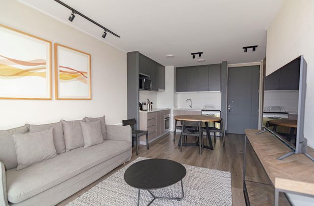 A modern studio apartment with a light gray sofa, a circular coffee table on a textured rug, and a small dining area.