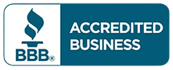 BBB Accredited Business logo, with torch icon and text on a blue and white background.