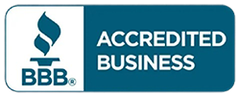 BBB Accredited Business logo, with torch icon and text on a blue and white background.