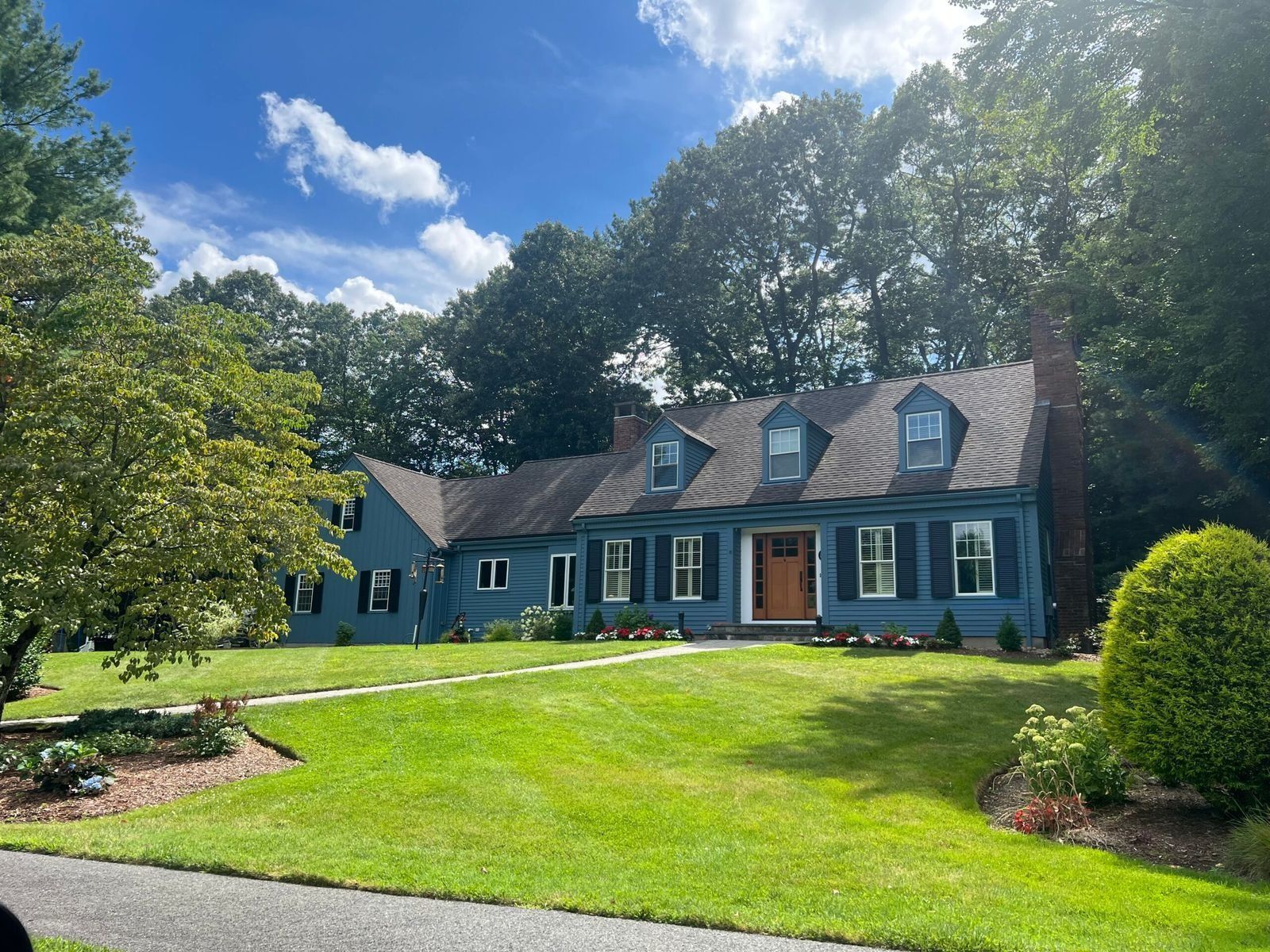 Blue house with black shutters and a brown door, surrounded by green grass and trees under a blue sky.