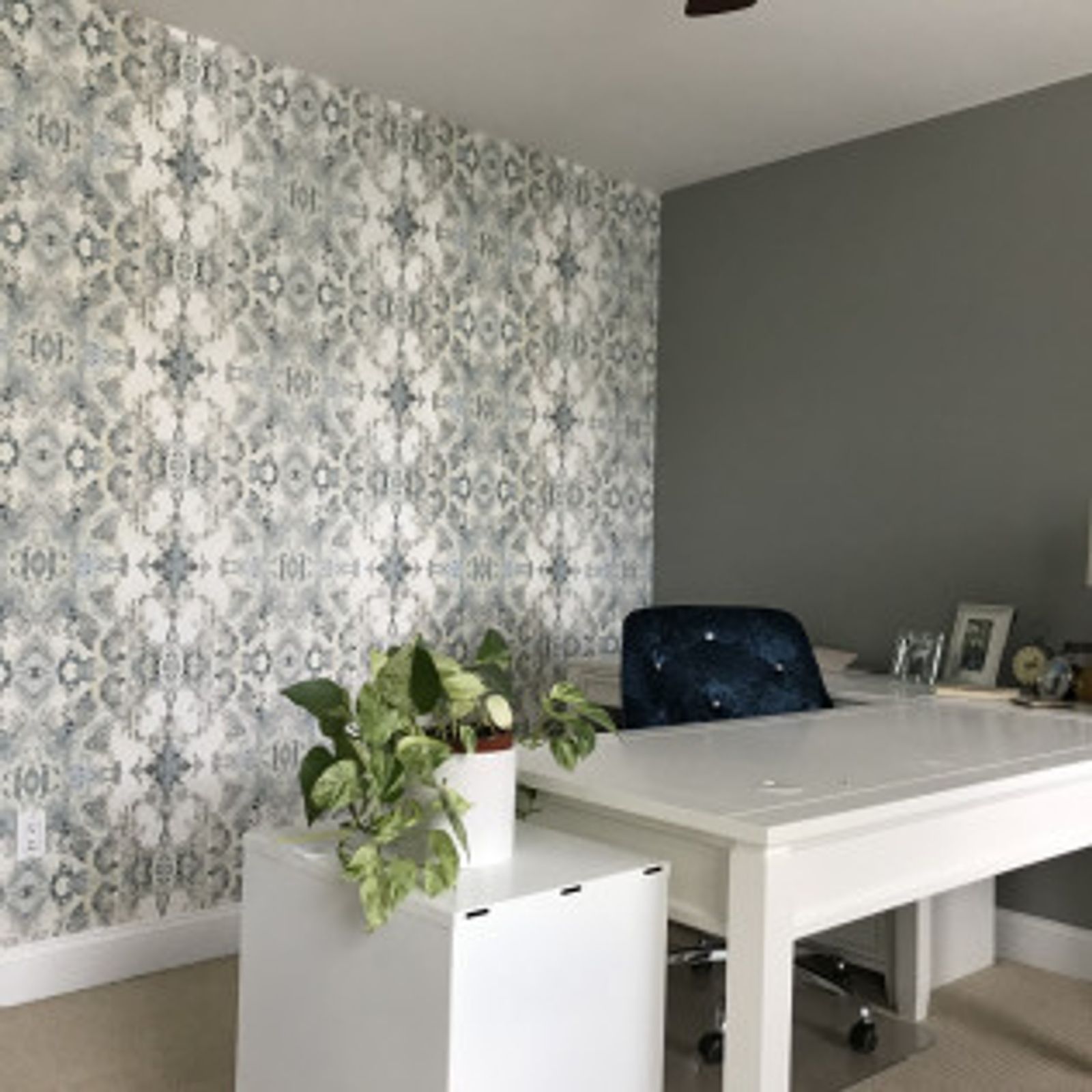 Office with patterned wallpaper, white desk, gray wall, and a potted plant.