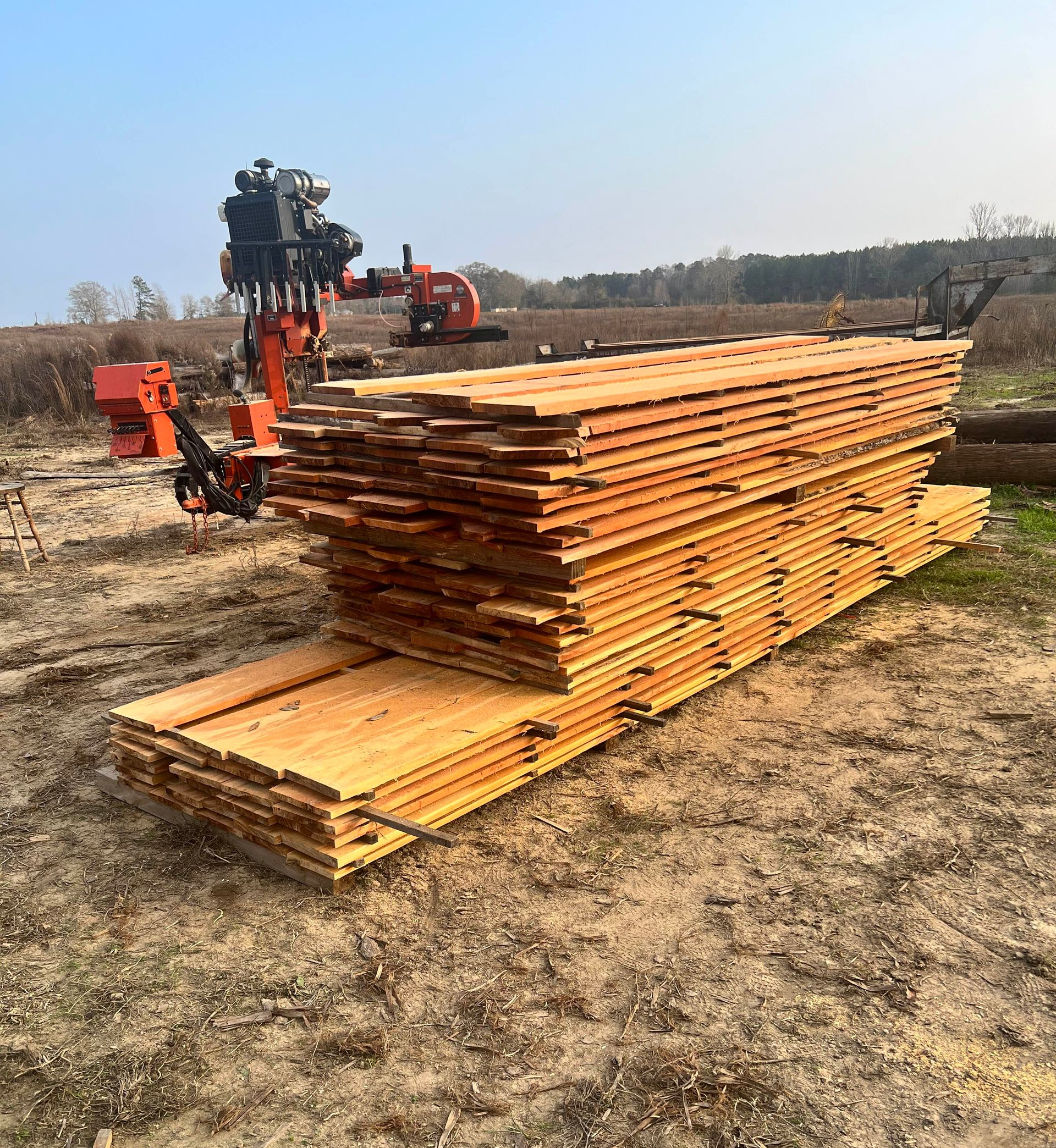 Stacks of freshly-cut lumber sit in a field with logging machinery in the background.
