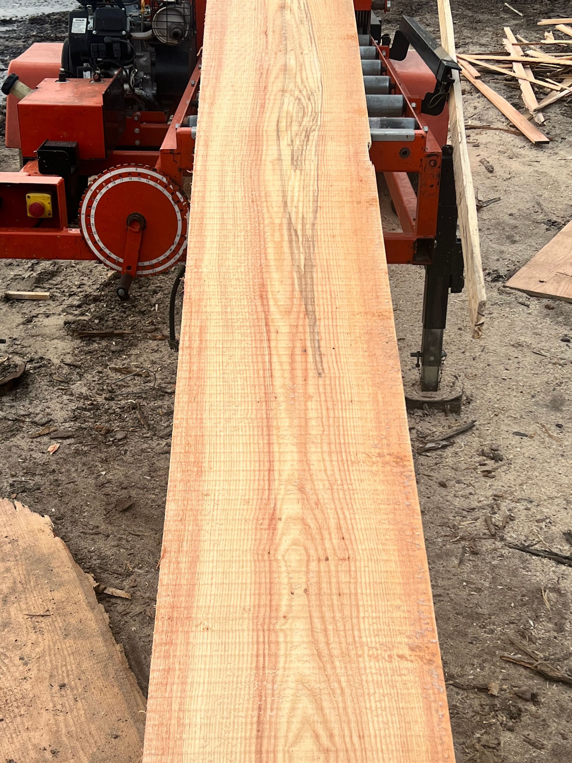 Newly cut, wide wooden plank with visible grain, on a red sawmill. Outdoors.