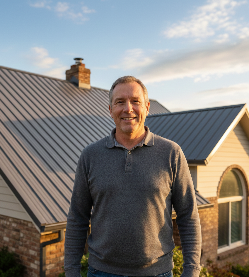 Homeowner by new metal shingle roof holding warranty brochure
