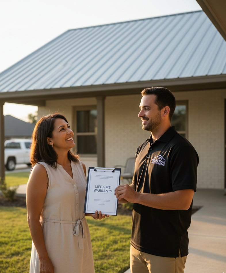 Homeowner receiving warranty packet after standing seam roof install