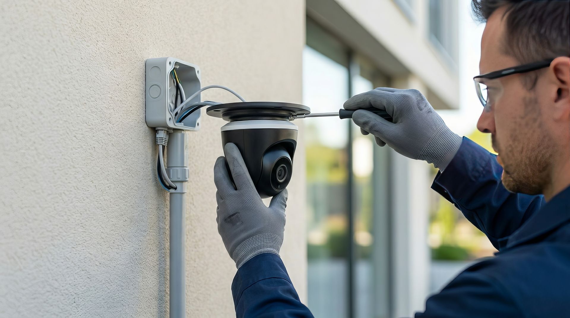 Technician installing a security camera on an exterior building wall.