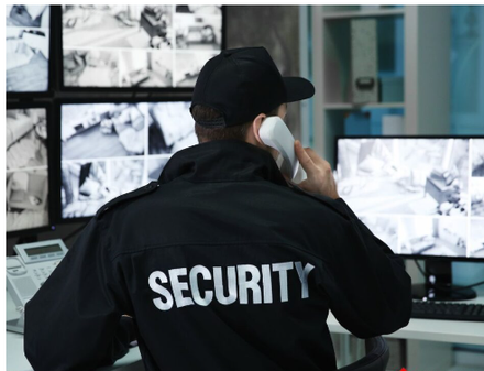 Security guard in black uniform, on the phone, monitoring multiple security camera screens.