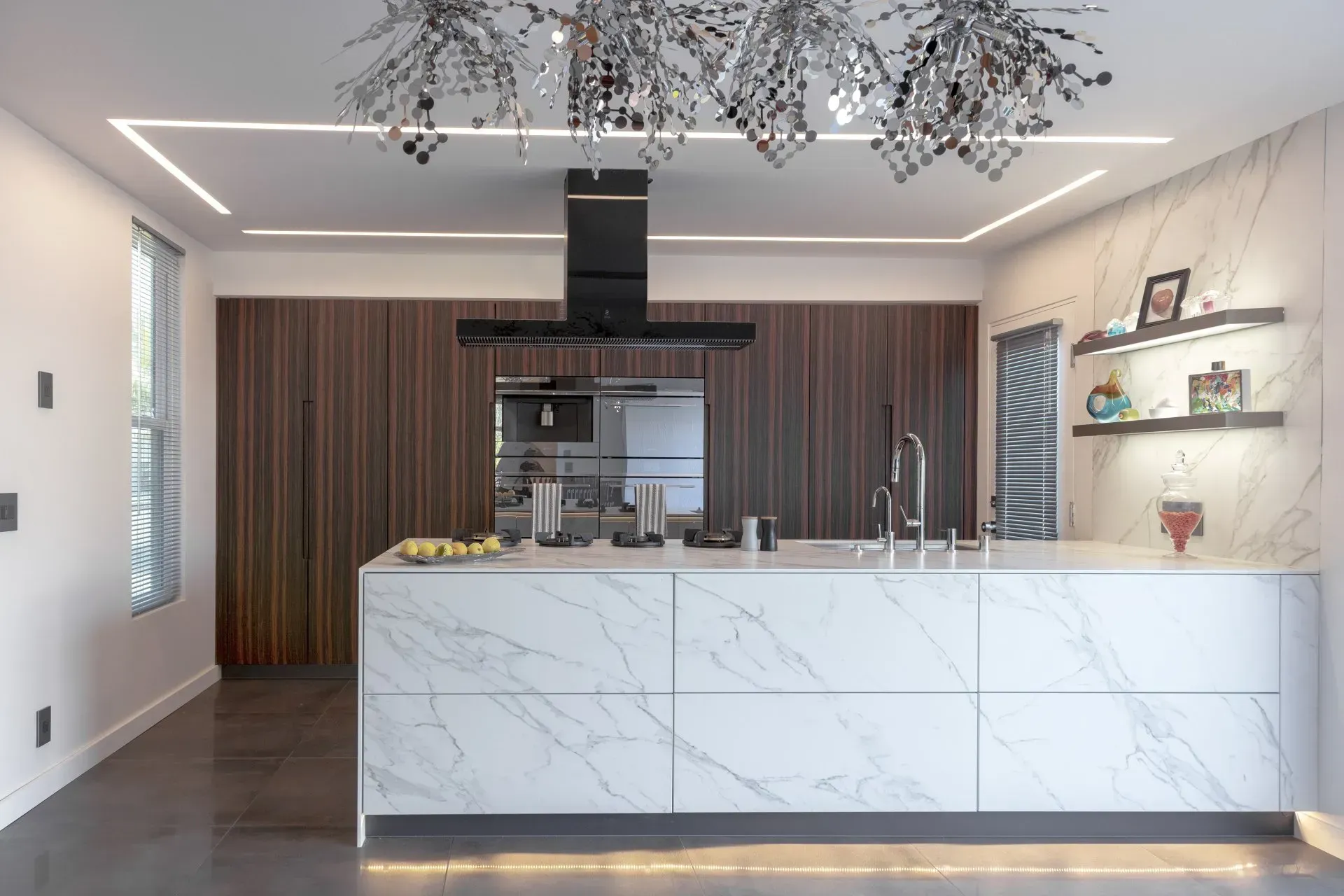 kitchen with metal chandelier