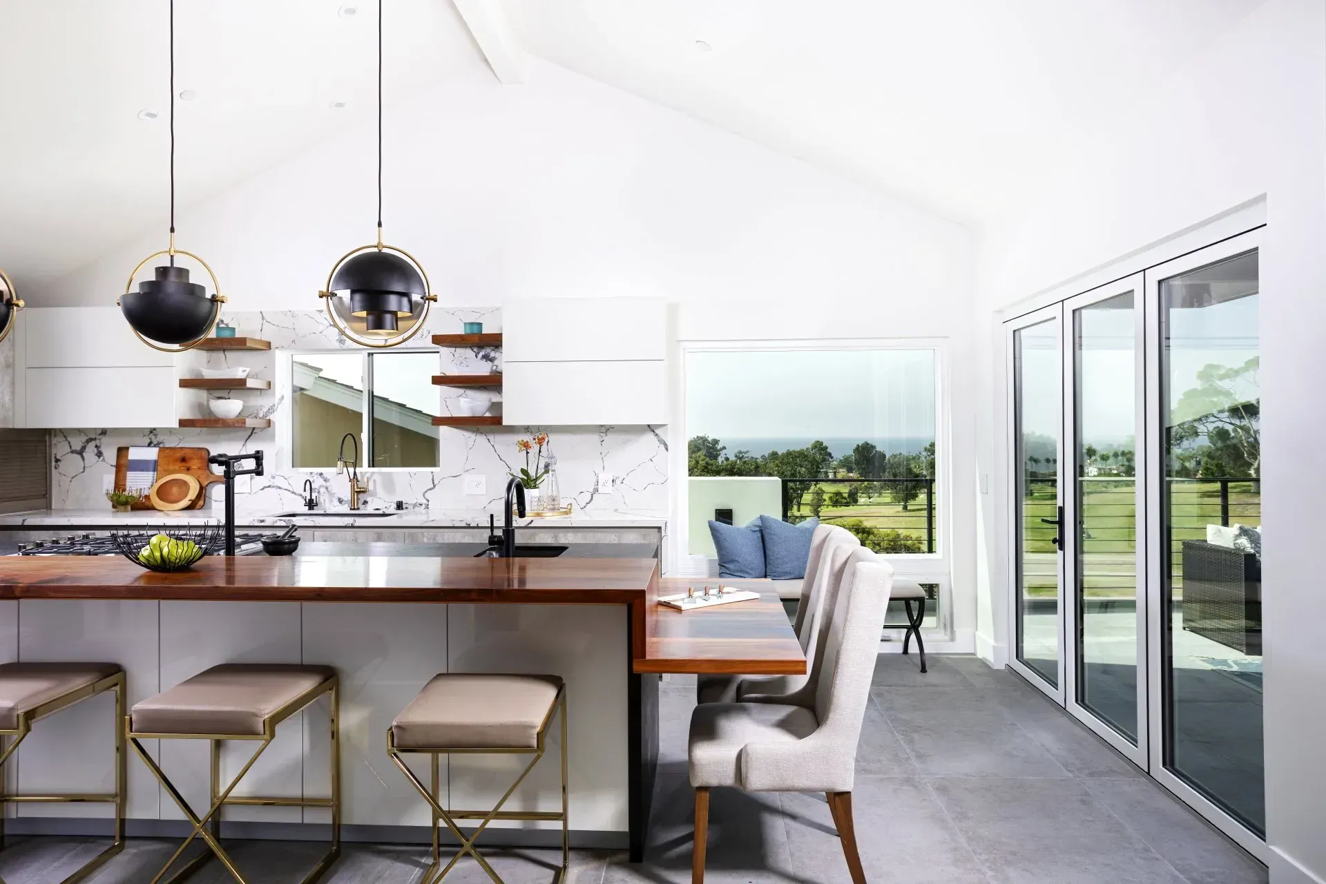 2 white tables in the kitchen