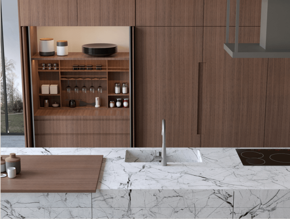 A kitchen with marble counter tops , wooden cabinets , a sink and a stove.