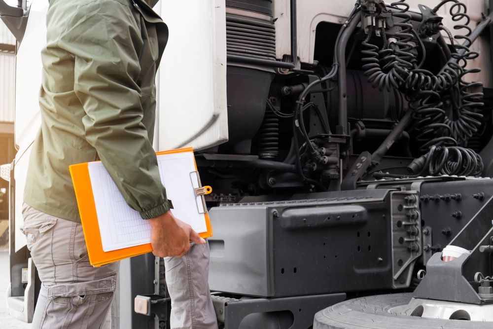 Mechanic in Olive Jacket Inspects Truck Engine, Holding Clipboard — Haigh Truck & 4WD Repairs In Orange, NSW