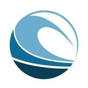 Blue circular wave logo with a white swoosh on a light background