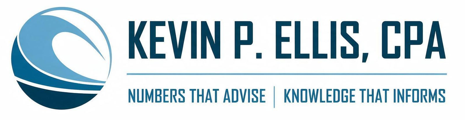 Kevin P. Ellis, CPA logo with blue sail icon and tagline &ldquo;Numbers That Advise | Knowledge That Informs&rdquo;