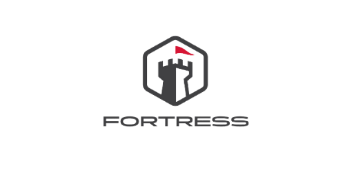 A logo for a company called fortress with a castle in a hexagon.