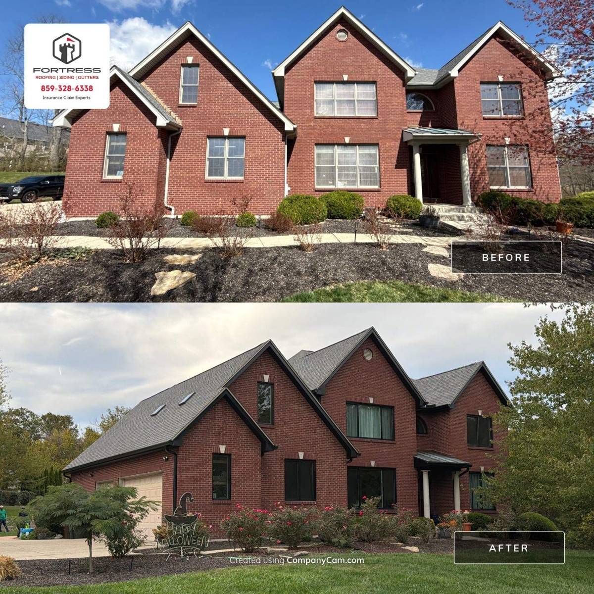 Before and after collage of a red brick colonial: white fascia and soffit in the before photo, black fascia and soffit in the after photo