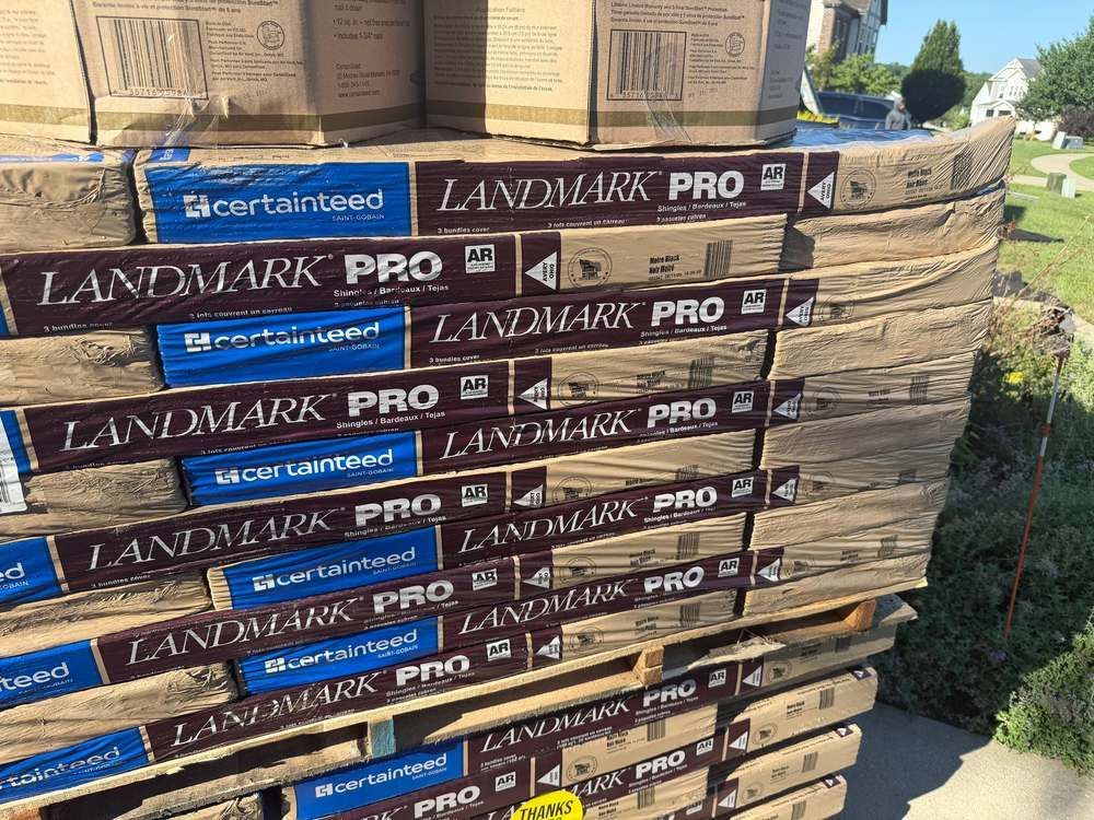 Pallet of CertainTeed Landmark PRO AR shingles in Moire Black delivered for an Independence, KY roof