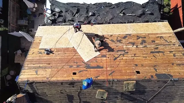 Drone view of OSB sheathing installed over spaced deck boards, White Oak, Cincinnati