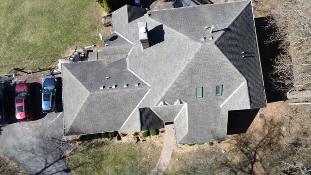 Drone view of the original shingle roof on a Fruit Hill, Cincinnati home