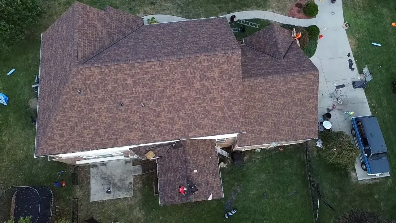 Overhead drone view of the completed roof
