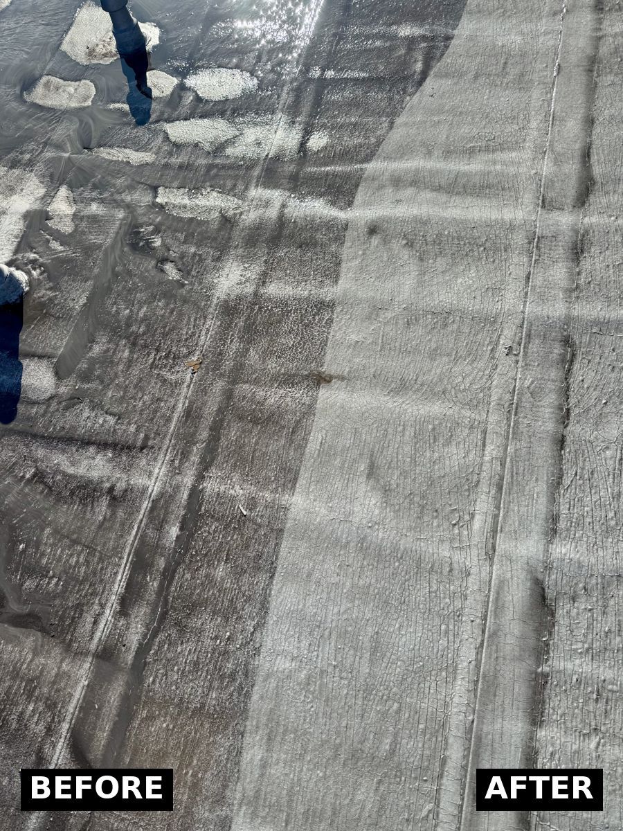 Flat roof before and after cleaning, dirty membrane on the left and cleaned membrane on the right