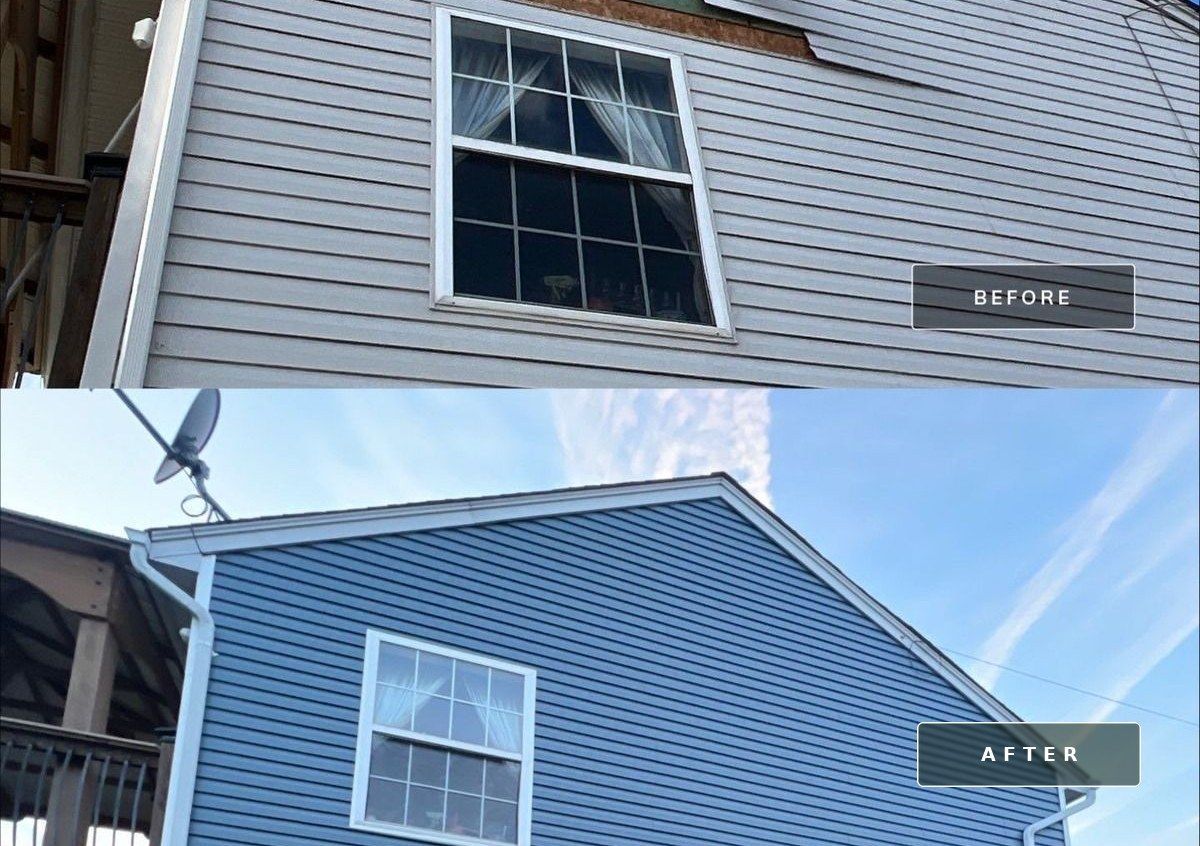 Before and after: damaged gray vinyl gable siding with exposed sheathing, then the same gable finished in new blue vinyl siding with white trim
