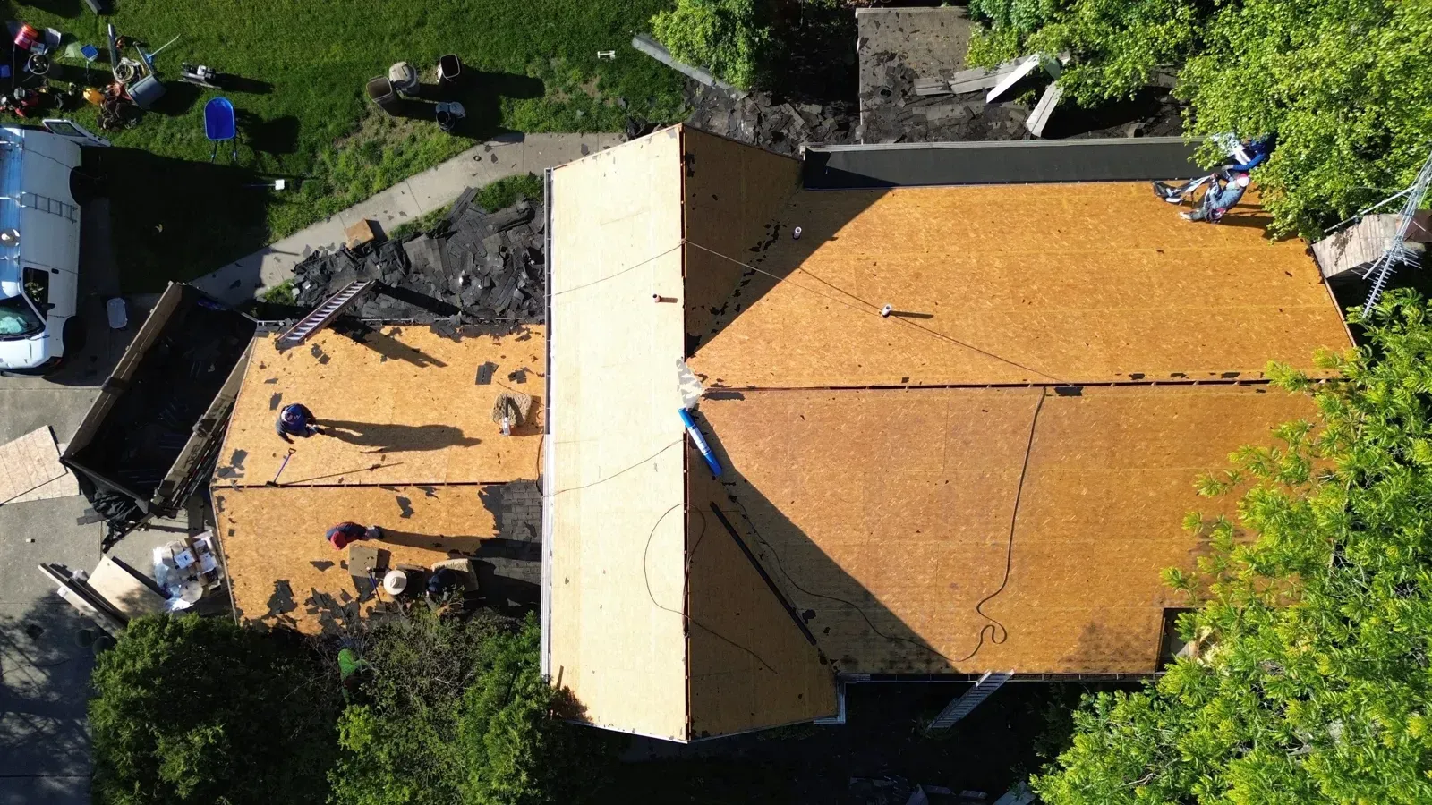 Drone view of the roof deck exposed during a Florence, KY wind damage replacement