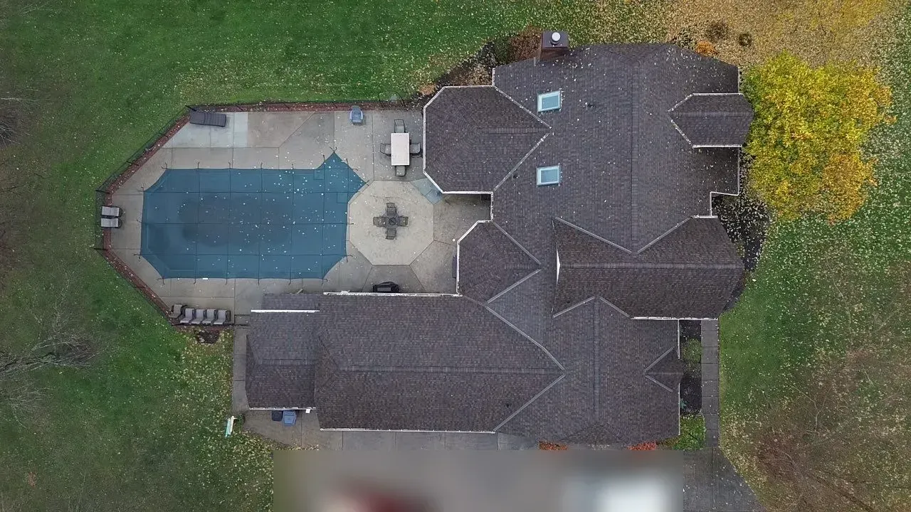 Drone view of a new CertainTeed Landmark PRO Shenandoah roof on a Florence, KY home off Tiburon Dr