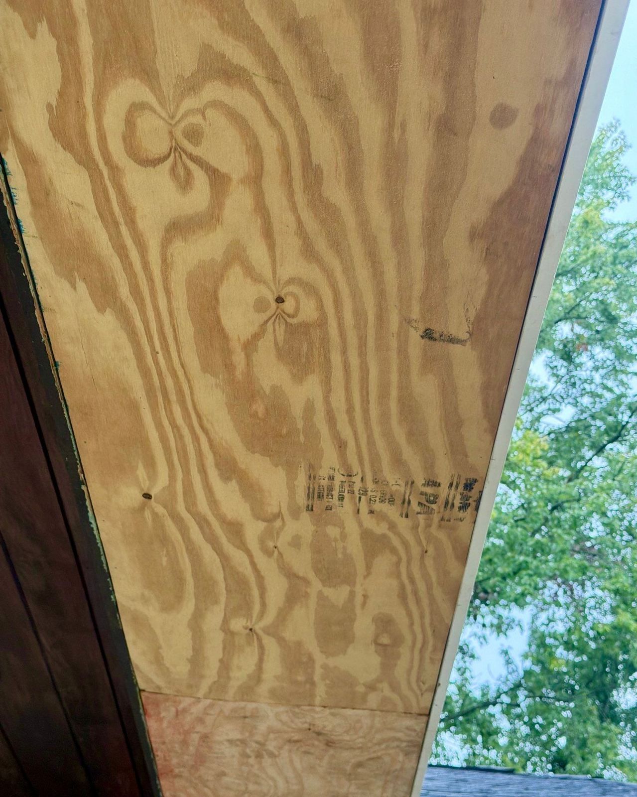 Close-up of a new plywood soffit panel replacing damaged wood