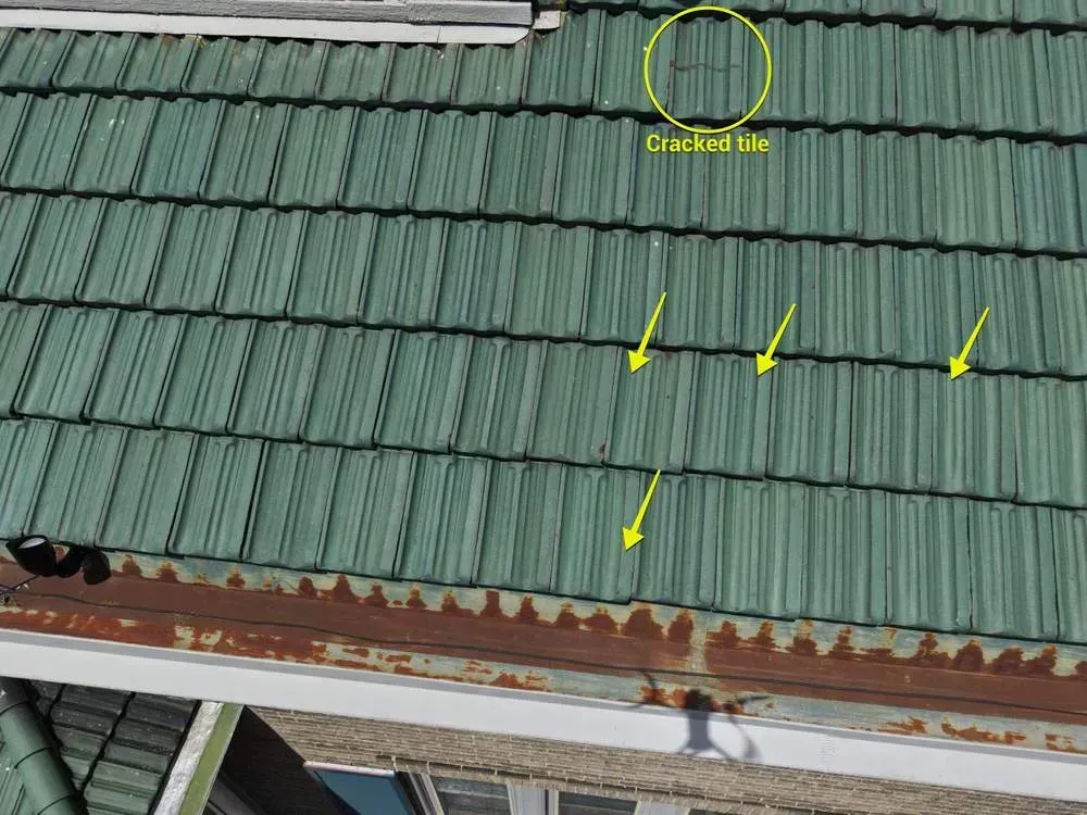 Annotated: cracked and displaced Ludowici clay tiles, Paddock Hills, Cincinnati
