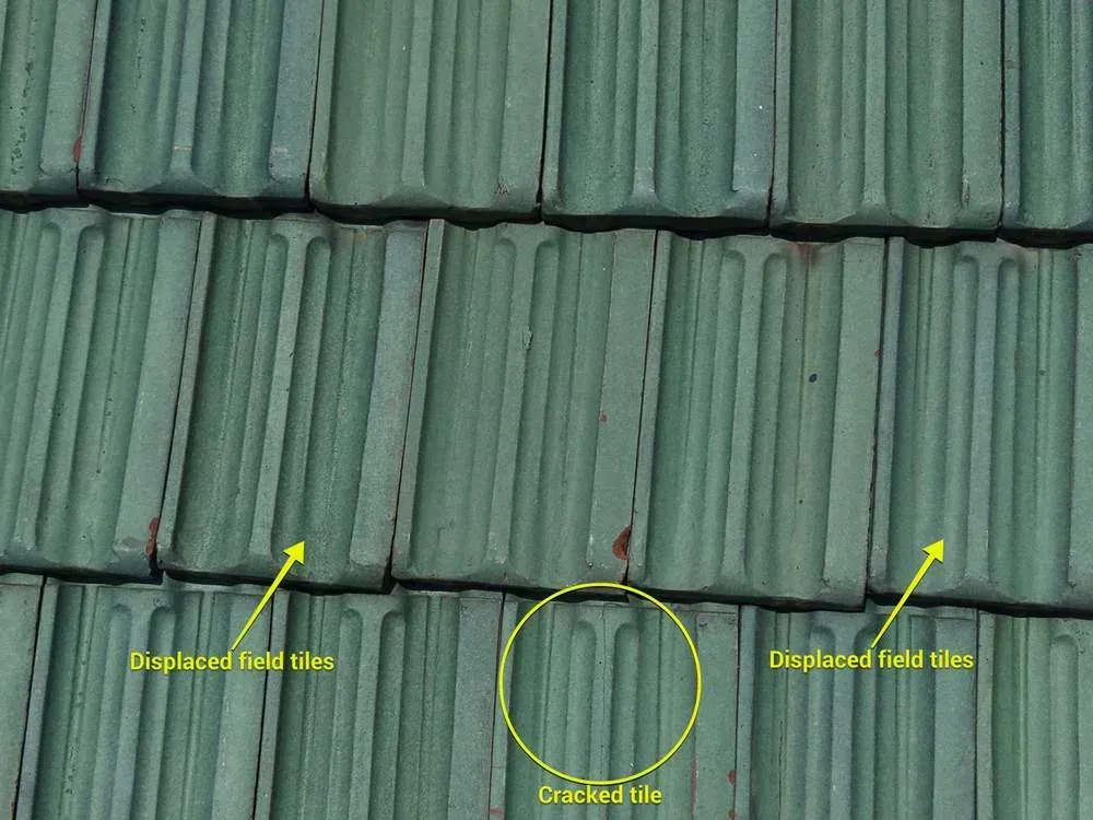 Annotated: displaced field tiles and a cracked tile on a Paddock Hills, Cincinnati roof
