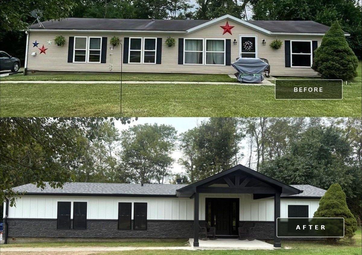Before and after: beige ranch with shutters, then white board and batten with stone wainscot and a new dark front porch