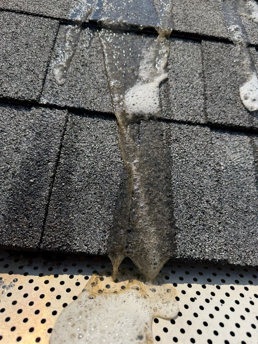 Foamy soft wash solution running down dark asphalt shingles onto a perforated metal gutter cover at the roof edge