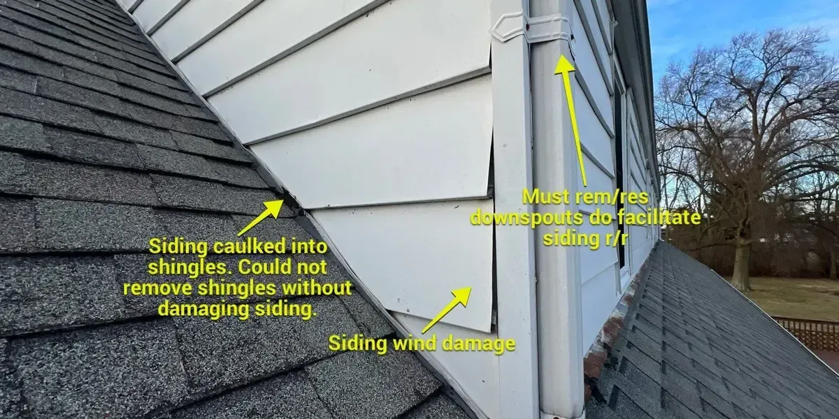 Annotated: siding caulked into shingles and wind-damaged siding, Pleasant Run, Cincinnati
