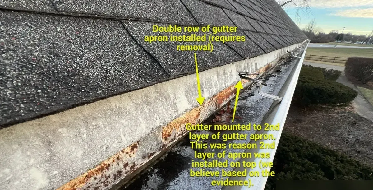 Annotated: double row of gutter apron with gutter mounted to second layer, Pleasant Run, Cincinnati