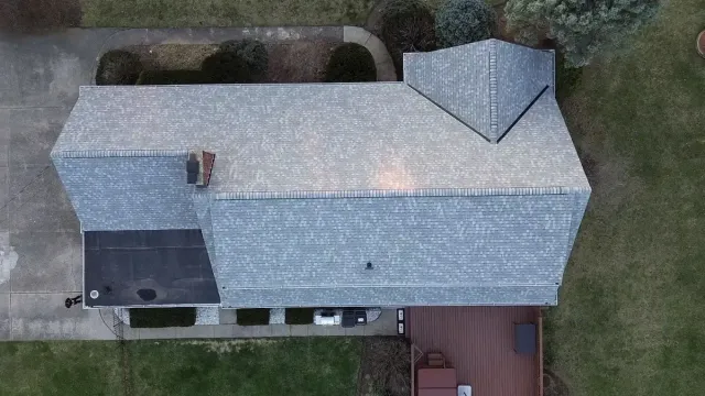 Drone view of a new Landmark PRO roof in Cobblestone Grey, Pleasant Run, Cincinnati