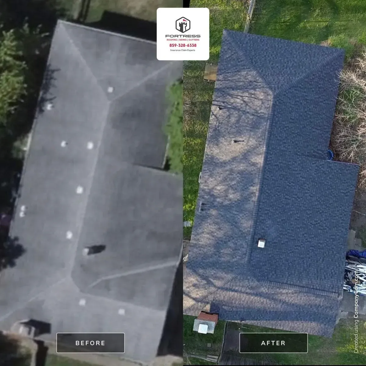 Before and after aerial view of a roof replacement in West Chester, Ohio