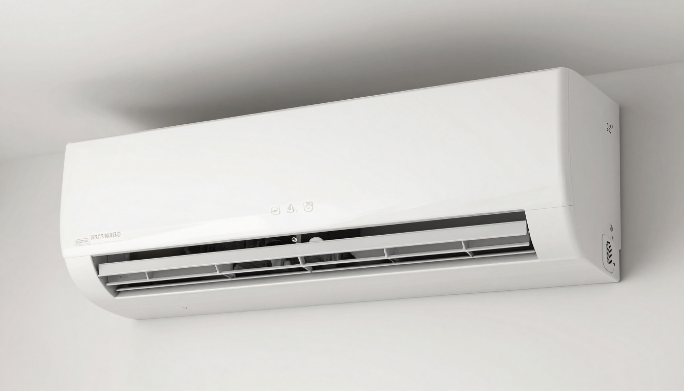 White wall-mounted air conditioner against a plain light gray wall.