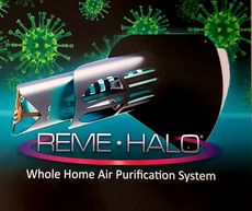 REME HALO whole-home air purification system ad with blue device and green virus icons