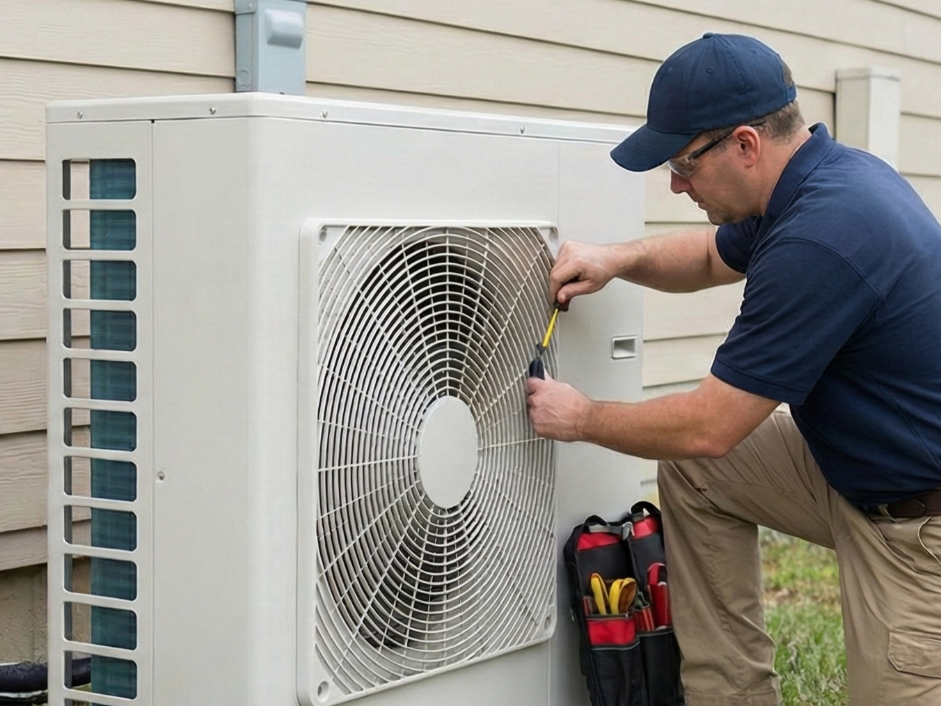 Technician adjusting an outdoor air conditioner unit beside a house with tools in hand