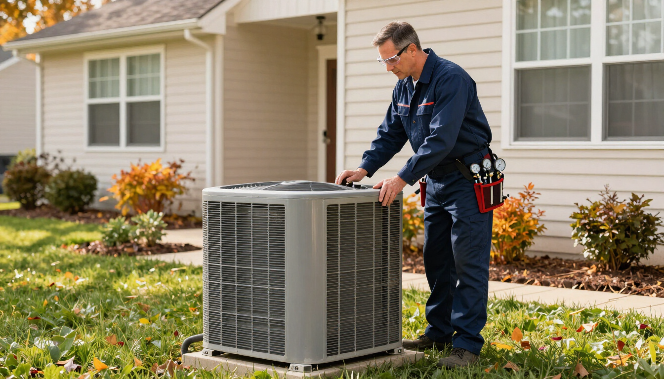 Technician inspecting an outdoor air conditioner beside a suburban house.