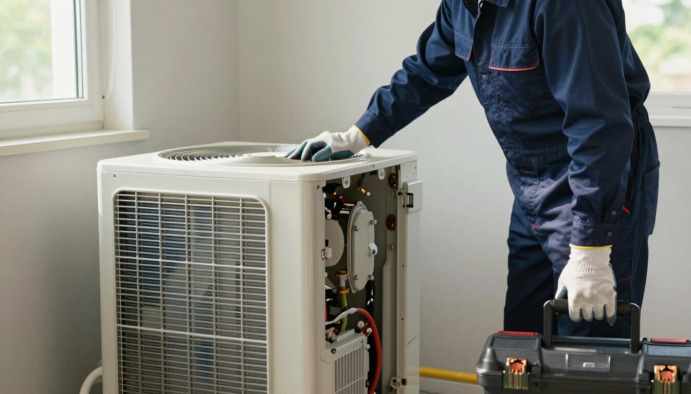 Technician servicing an outdoor air conditioner unit beside a house window