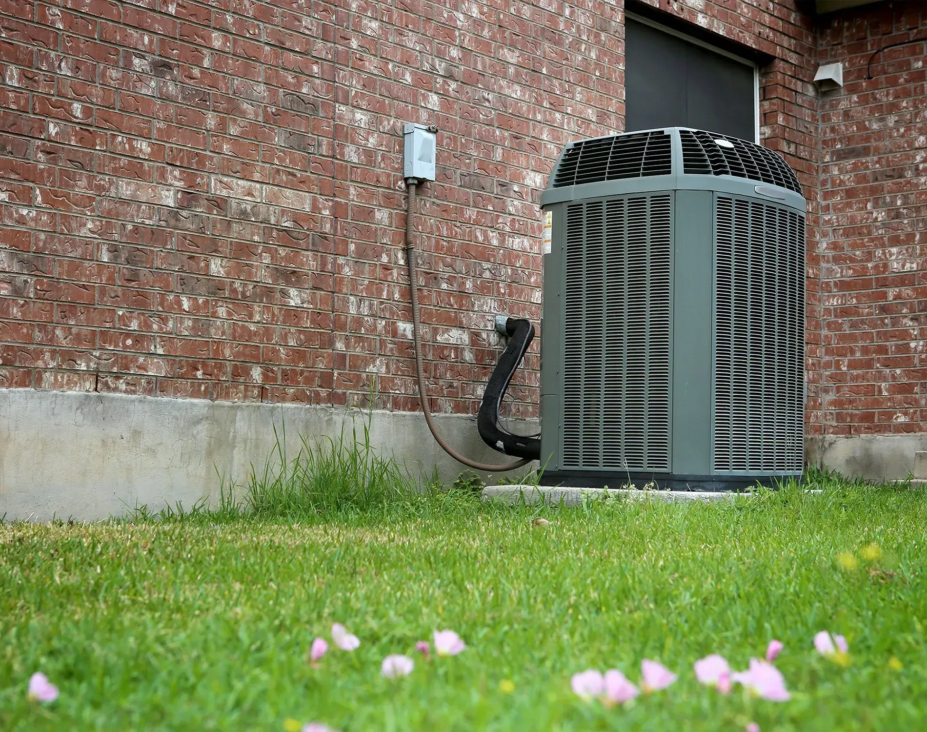 Outdoor HVAC unit beside a brick house wall, viewed from low grass with pink flowers in the foreground