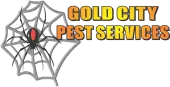 Gold City Pest Services logo with a spider on a web and bold orange text