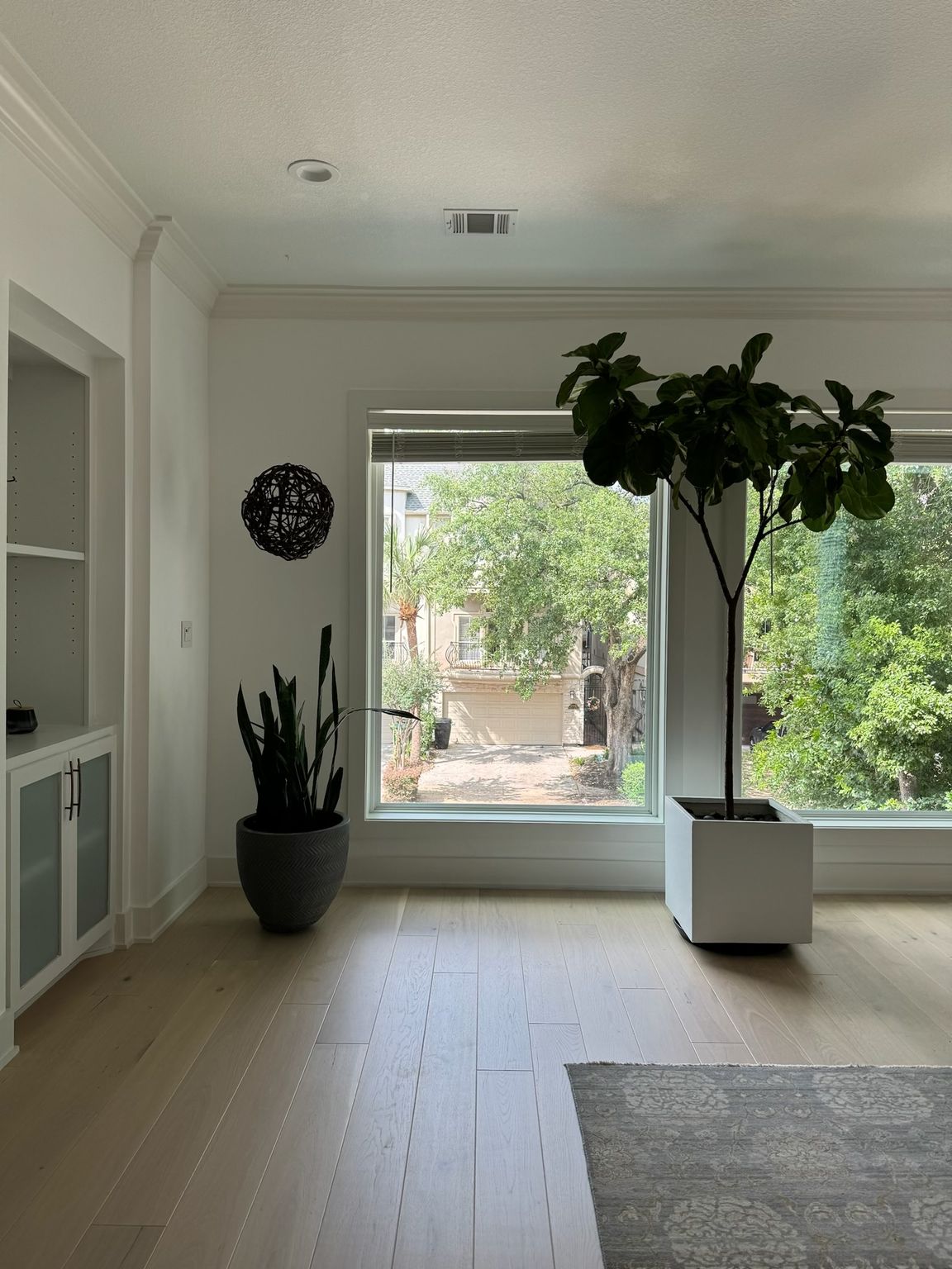 Interior room with large window, plants, and hardwood floors.