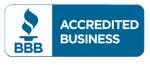 BBB Accredited Business badge in blue and white with the BBB torch logo