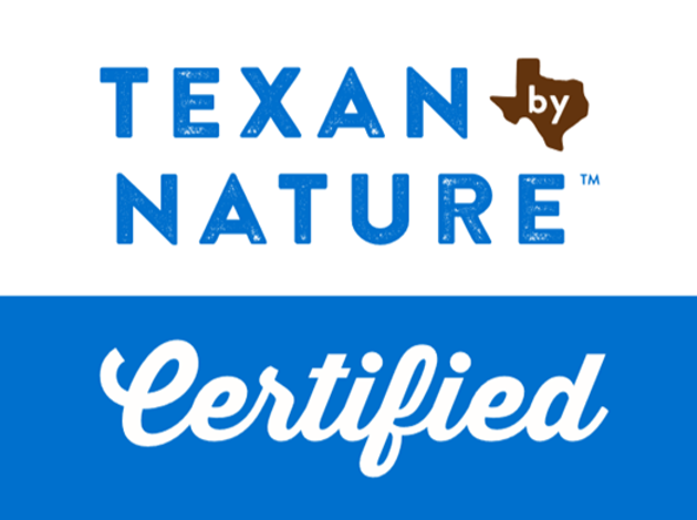 Texan by Nature Certified logo with blue and white text and brown Texas silhouette
