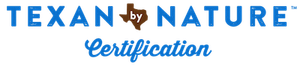 TEXAN by Nature Certification logo in blue and white with a green leaf accent