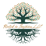 Logo: Tree with green and brown leaves, roots below, and text