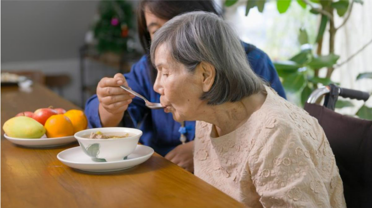 A nurse is standing next to an elderly woman in a wheelchair.