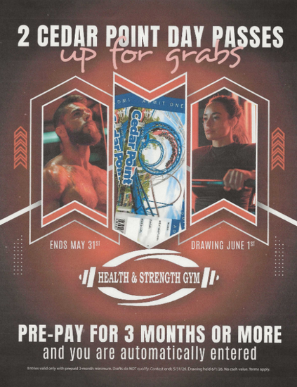 Cedar Point day pass promo with roller coaster, two riders, and “up for grabs” text in red and white Cedar Point day pass promo with roller coaster, two riders, and “up for grabs” text in red and white